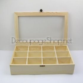 Дървена кутия за чай със стъклен капак, натурална с 12 отделения - SV42-12GL