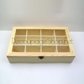 Дървена кутия за чай със стъклен капак, натурална с 12 отделения - SV42-12GL