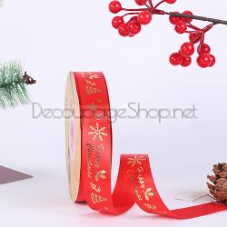 Коледна сатенена панделка Happy Christmas със златен печат 25 мм / 10м червено/happy christmas