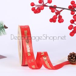 Коледна сатенена панделка Merry Christmas със златен печат 25 мм / 10м червено/камбанка
