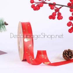 Коледна сатенена панделка Merry Christmas със златен печат 25 мм / 10м червено/снежен човек