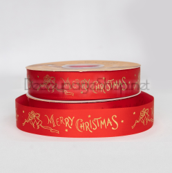 Коледна сатенена панделка Merry Christmas, със златен печат 25 мм / 10м червено/камбанки