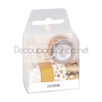 Лепящи Ленти за Декорация Washi Heyda Mini 12 mm 5 Броя x 3 m Звезди Бяло и Розово Злато