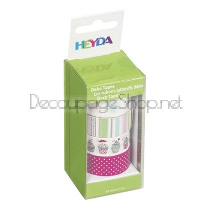 Лепящи Ленти Washi Heyda 4 Ролки x 5 Метра Рожден Ден Кексчета и Помпони