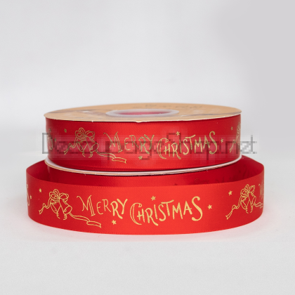 Коледна сатенена панделка Merry Christmas, със златен печат 25 мм / 10м червено/камбанки
