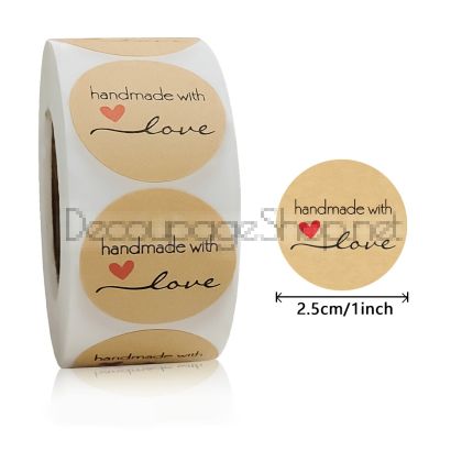 Стикери на ролка, Handmade with love крафт 2.5см / 100бр