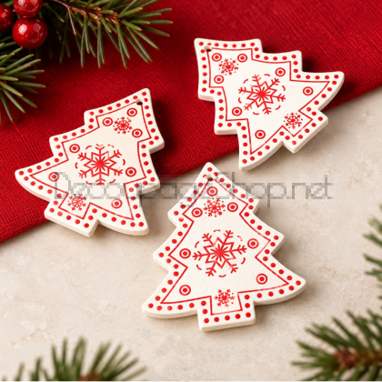 Коледни дървена елхичка : БЯЛО и ЧЕРВЕНО : 50x30x2.3мм, отвор 3мм : 10 броя
