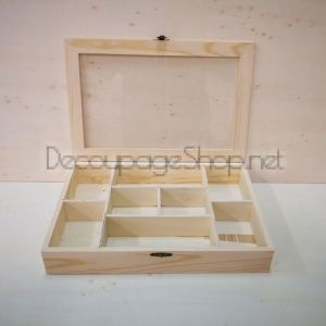 Дървена кутия за чай със стъклен капак, натурална с 8 отделения - 30 x 20 x 5.5см.