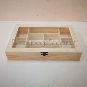 Дървена кутия за чай със стъклен капак, натурална с 8 отделения - 30 x 20 x 5.5см.