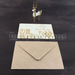Дървена картичка - Merry Christmas с 3D играчка елен  10 х 15см с крафт плик - KT81