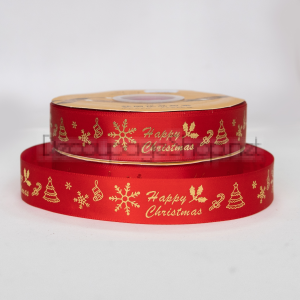 Коледна сатенена панделка Happy Christmas със златен печат 25 мм / 10м червено/happy christmas