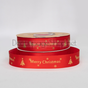 Коледна сатенена панделка Merry Christmas със златен печат 25 мм / 10м червено/елха