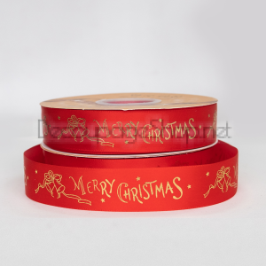 Коледна сатенена панделка Merry Christmas, със златен печат 25 мм / 10м червено/камбанки