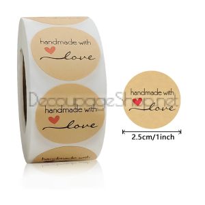 Стикери на ролка, Handmade with love крафт 2.5см / 100бр