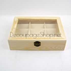 Дървена кутия за чай със стъклен капак, натурална с 9 отделения - SV42-9GL