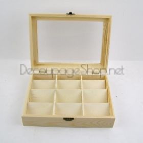 Дървена кутия за чай със стъклен капак, натурална с 9 отделения - SV42-9GL