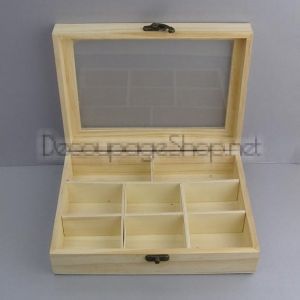 Дървена кутия за чай със стъклен капак, натурална с 8 отделения - SV42-8GL