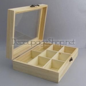 Дървена кутия за чай със стъклен капак, натурална с 8 отделения - SV42-8GL